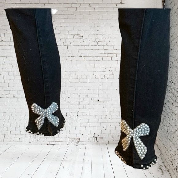 Designer Black skinny high waist Jeans cuff embellishments~Stretch 8-10 - Picture 2 of 5